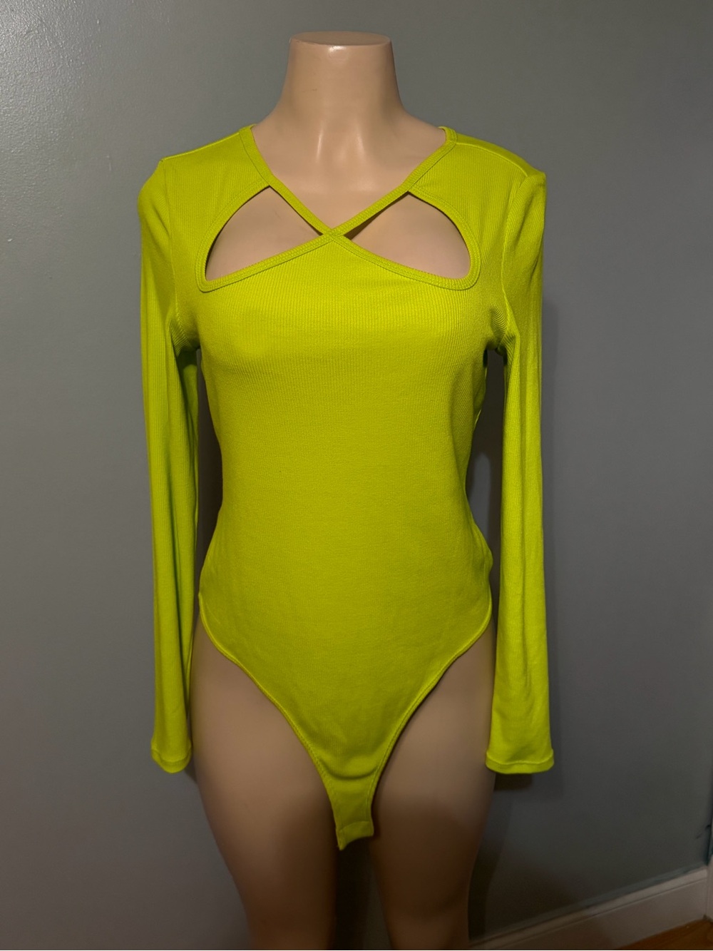 Neon Lime Long-Sleeve Cutout Bandeau Bodysuit